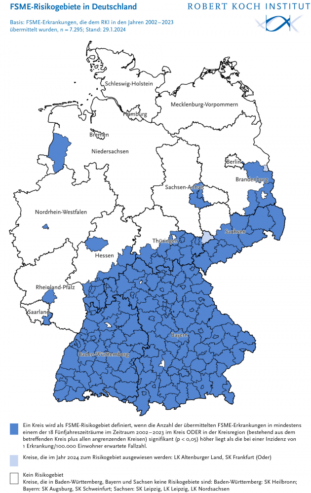 Risicogebieden TBE. Kaart: Robert Koch-Institut, 2024