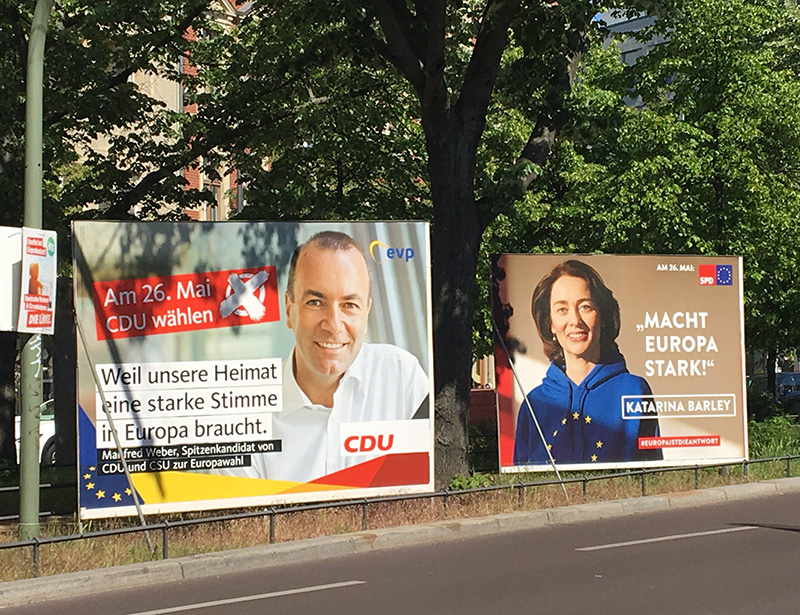 Verkiezingsposters CDU/CSU en SPD, Berlijn, mei 2019. Afb.: Duitsland Instituut/Marja Verburg