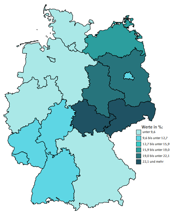 Europese verkiezingen mei 2019: Percentage stemmen voor de AfD per deelstaat. Afb.: Der Bundeswahlleiter, Wiesbaden 2019