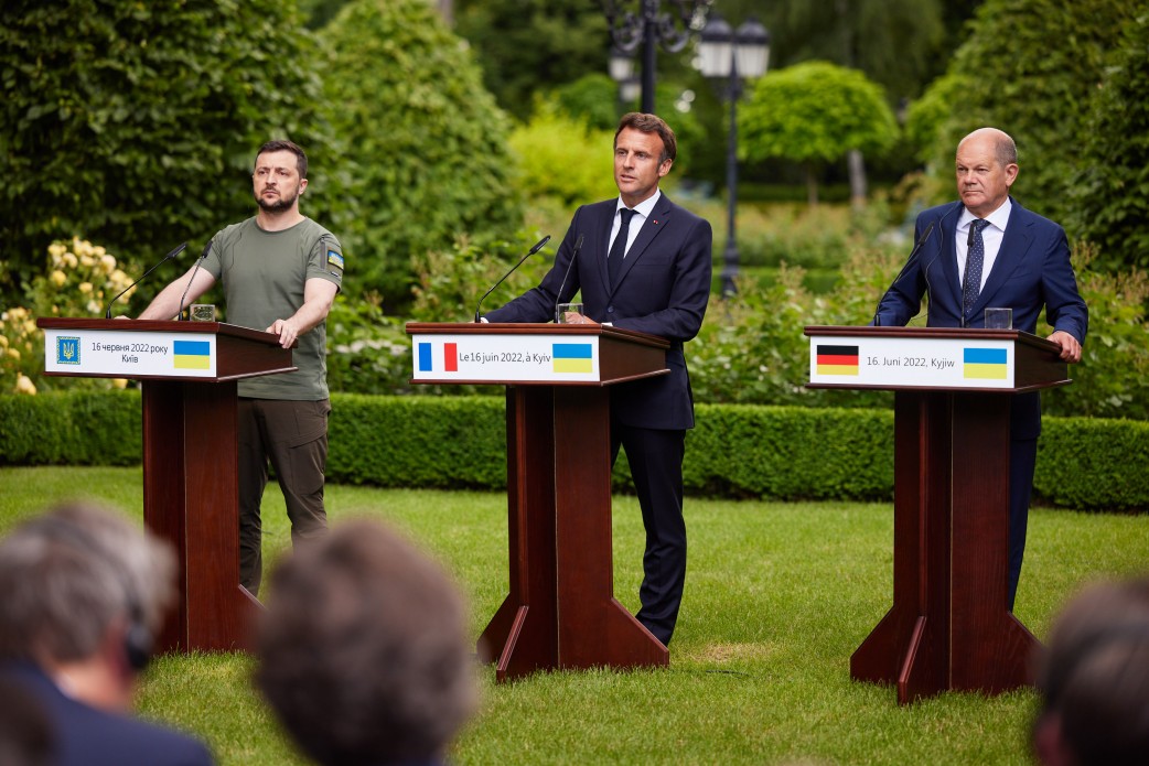 Zelensky, Macron en Scholz op de persconferentie in Kiev © www.president.gov.ua