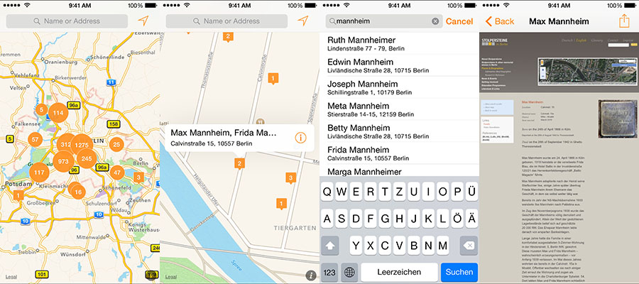 Screenshots uit de Stolpersteine-app van Claus Höfele