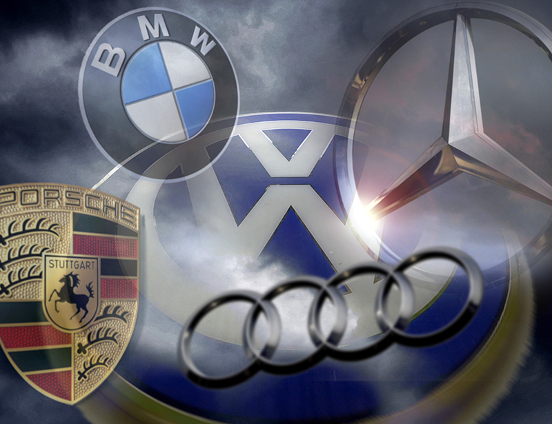 Logo's Porsche, VW, Audi, BMW en Daimler. Afb.: dpa