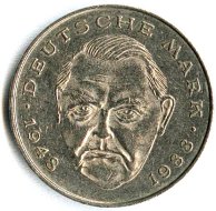 Bondskanselier Ludwig Erhard op de achterkant van een munt van 2 mark. Afbeelding: www.wikipedia.de