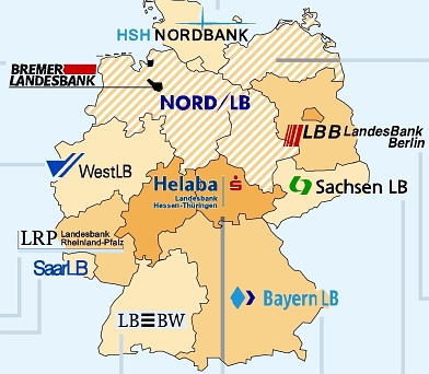 Een overzicht van de Landesbanken en waar deze werkzaam zijn. SachsenLB is inmiddels opgegaan in de Landesbank Baden-Württemberg (LBBW). Bron: DPA/Picture Alliance